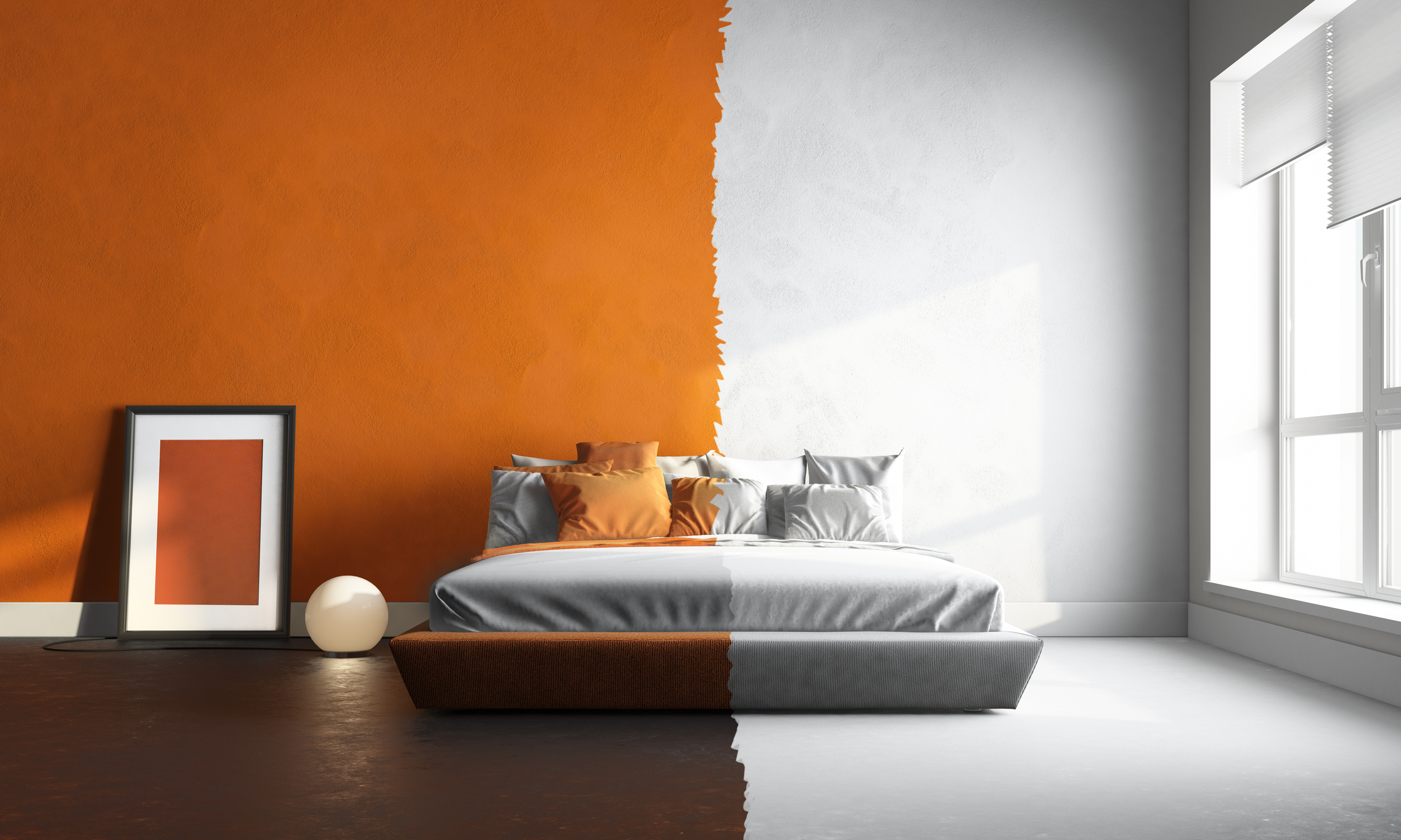 Wände streichen: Tipps und Techniken für die Wohnung Raum in zwei Farben: Links in braun und orange, rechts in Grautönen.