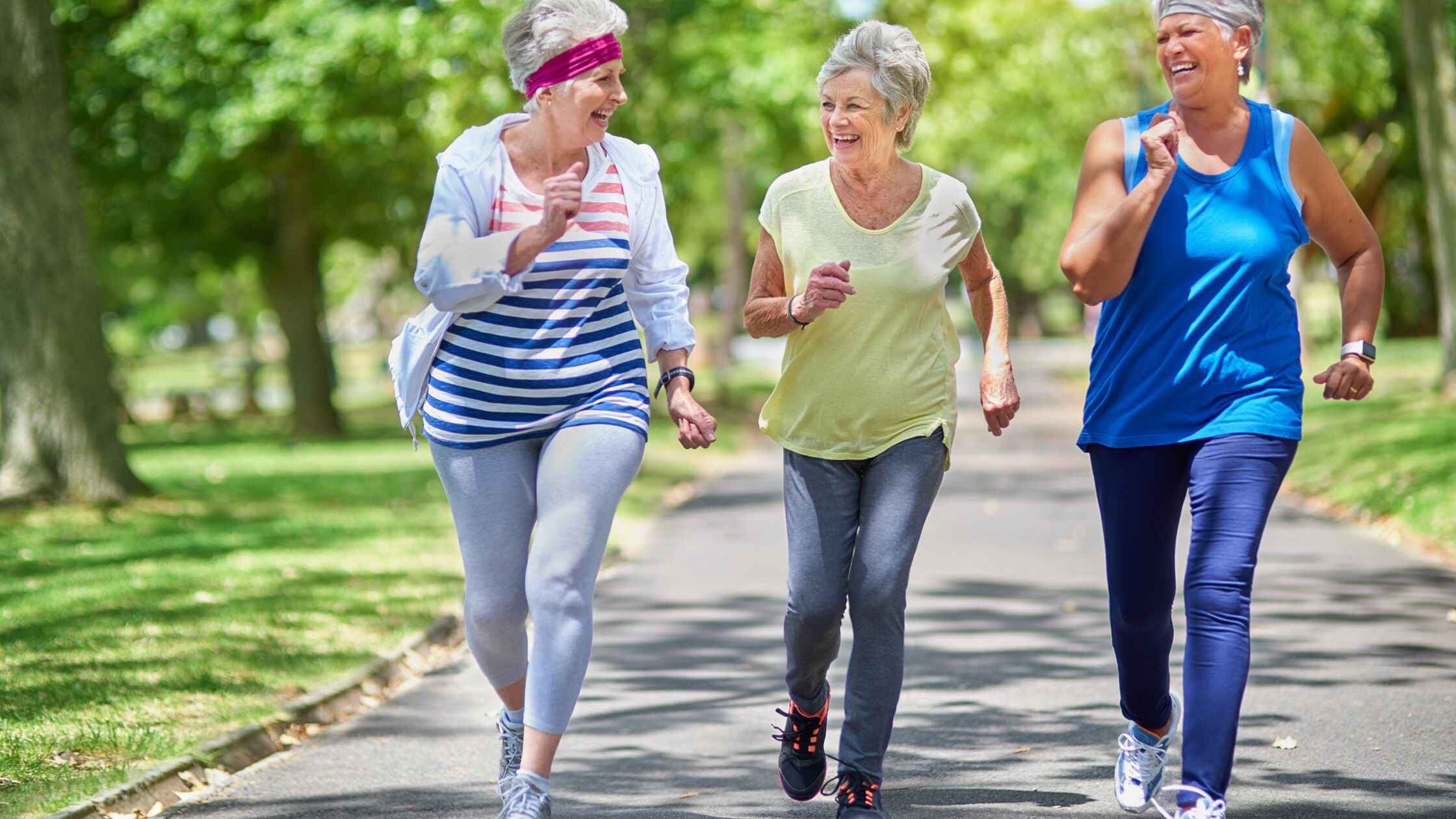 Drei ältere Frauen treiben im Park gemeinsam Sport