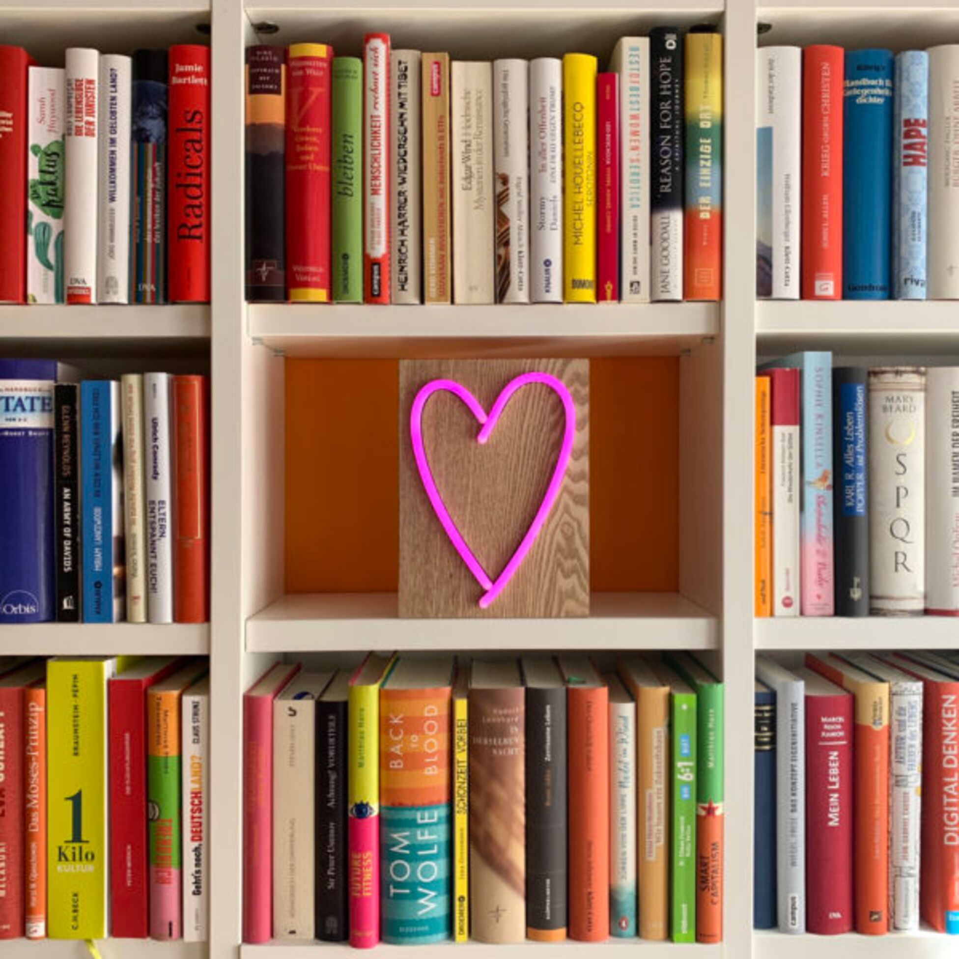 Bunte Bücher im Regal mit Neon-Herz in der Mitte