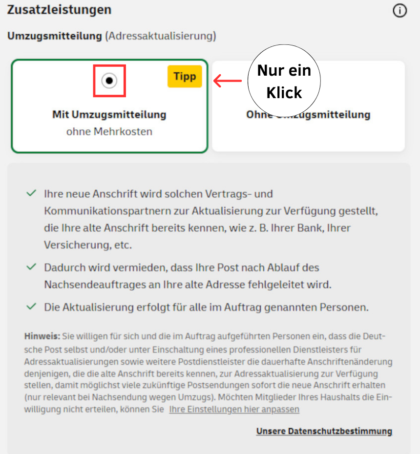 Screenshot aus dem Formular des Nachsendeauftrags. Mit nur einem Klick kannst du im Formular die kostenlose Umzugsmitteilung dazubuchen.